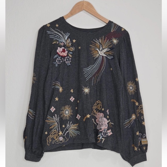 Johnny Was Tops - Johnny Was Selah Cuffed Puff Long Tee Crew Floral Embroidery Shirt Size S Womens